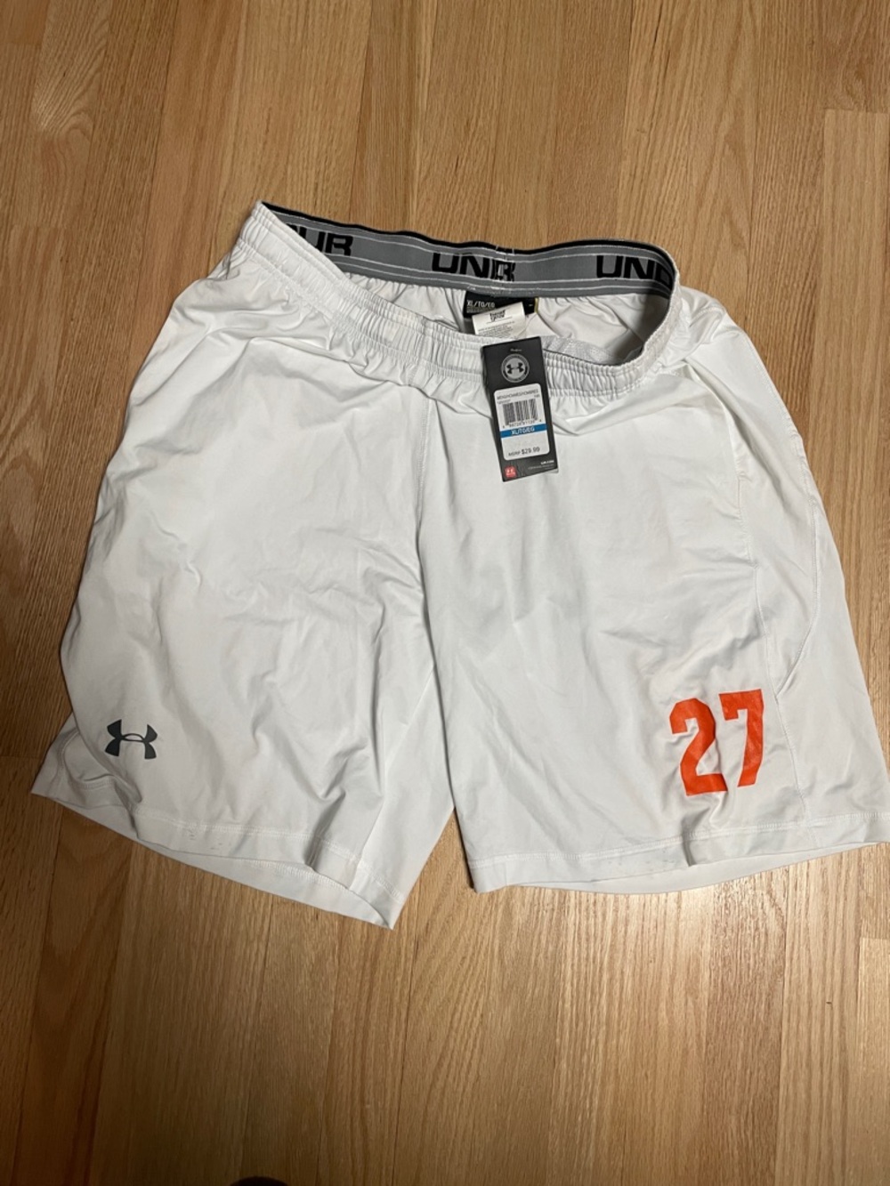 NWT Under Armour White Performance Shorts with Orange '27'